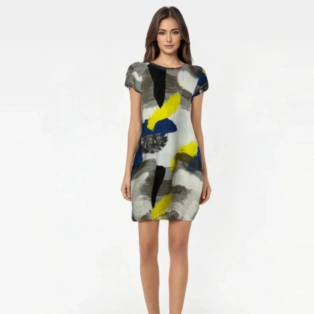 Abstract Brushstroke Midi Dress in Gray, Blue & Yellow
